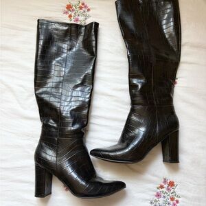 Black Croc-Embossed Knee-High Heeled Boots